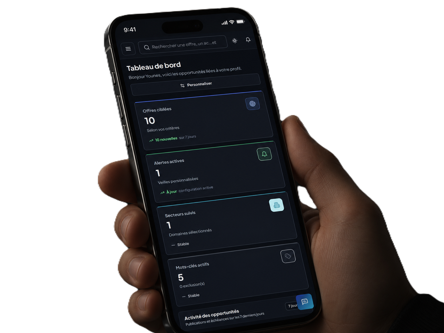 Tableau de bord mobile Accelbids affiché sur un téléphone
